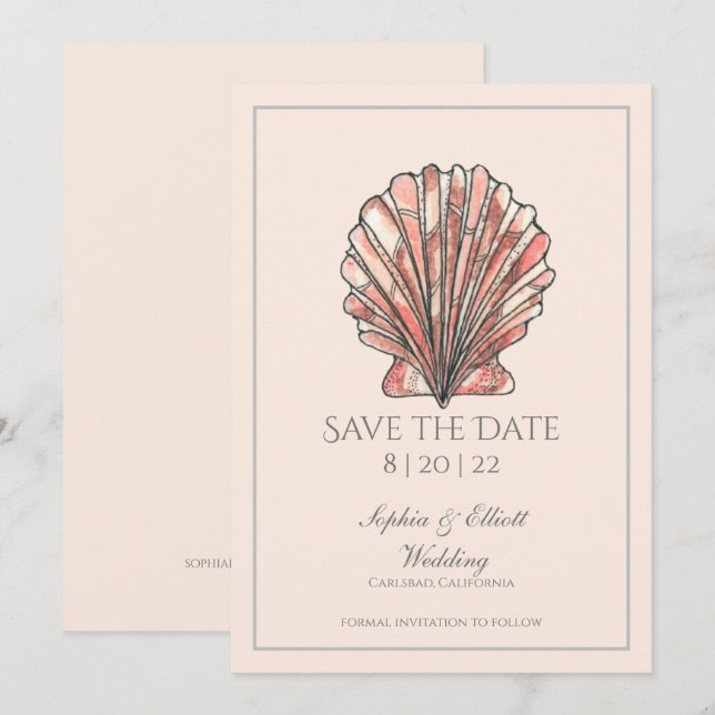 Reserve A Data Casamento de praia de Watercolor Seashell (Frente/Verso)