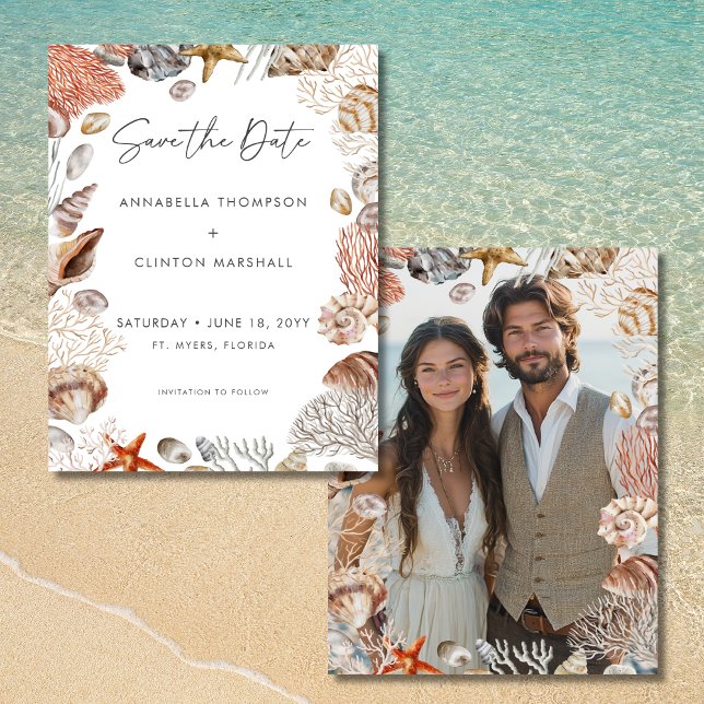 Reserve A Data Casamento de Praia Neutral da Seashell com Waterco (Watercolor Seashell Neutral Beach Wedding Save the Date)
