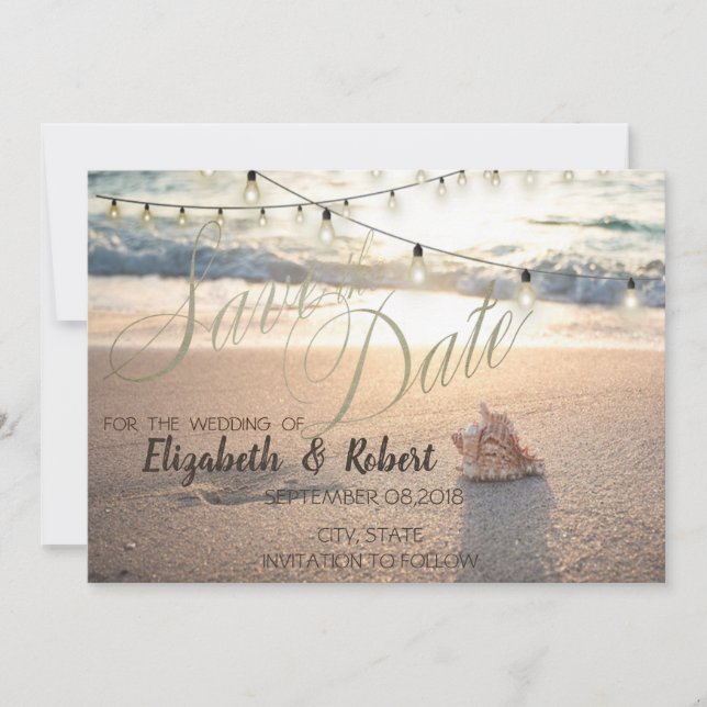 Reserve A Data Casamento De Praia,Seashell String Light Salvar A  (Frente)