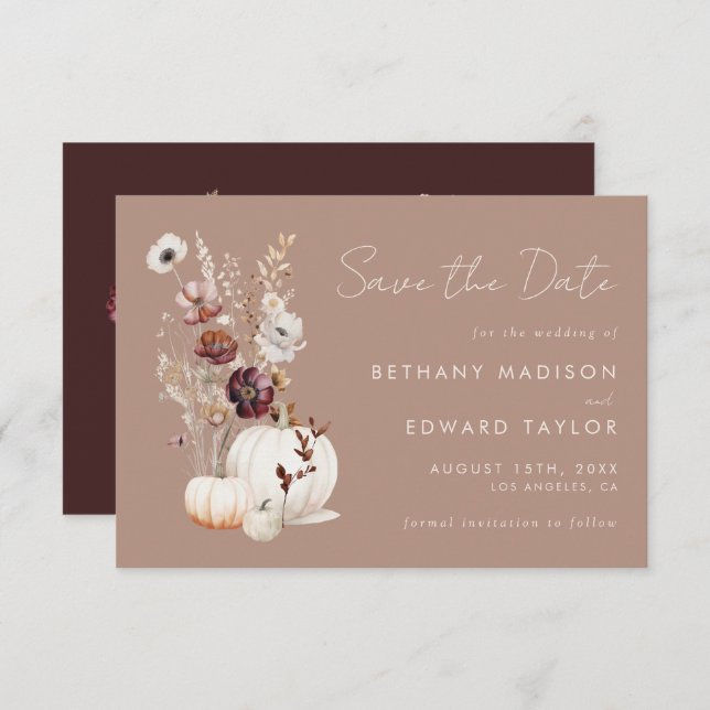 Reserve A Data Casamento de Pumpkin Floral de Taupe Fall Fall (Frente/Verso)