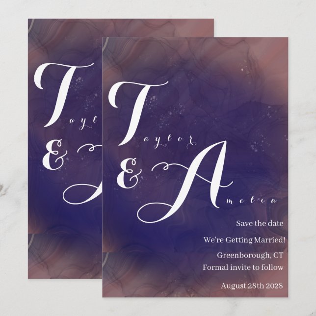 Reserve A Data Casamento de Púrpura do Monograma Elegante (Frente/Verso)
