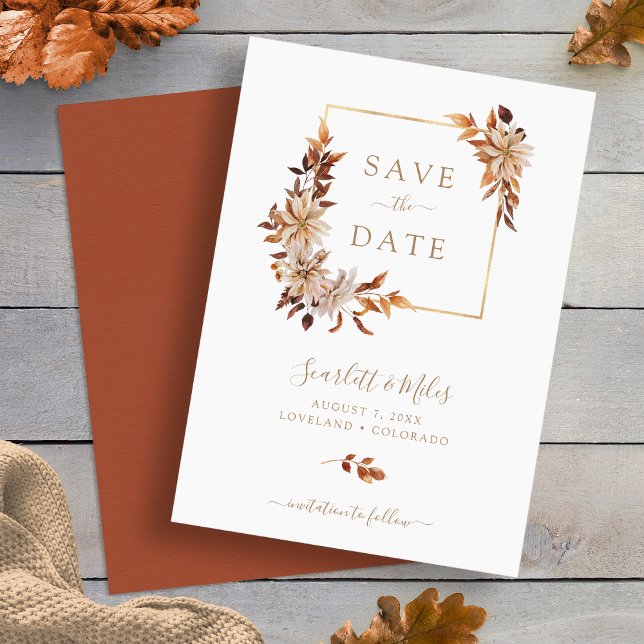 Reserve A Data Casamento de Quadro Dourado Quadrado Floral Quadra (Fall Watercolor Floral Square Gold Frame Wedding Save The Date by Painted Paperie
)