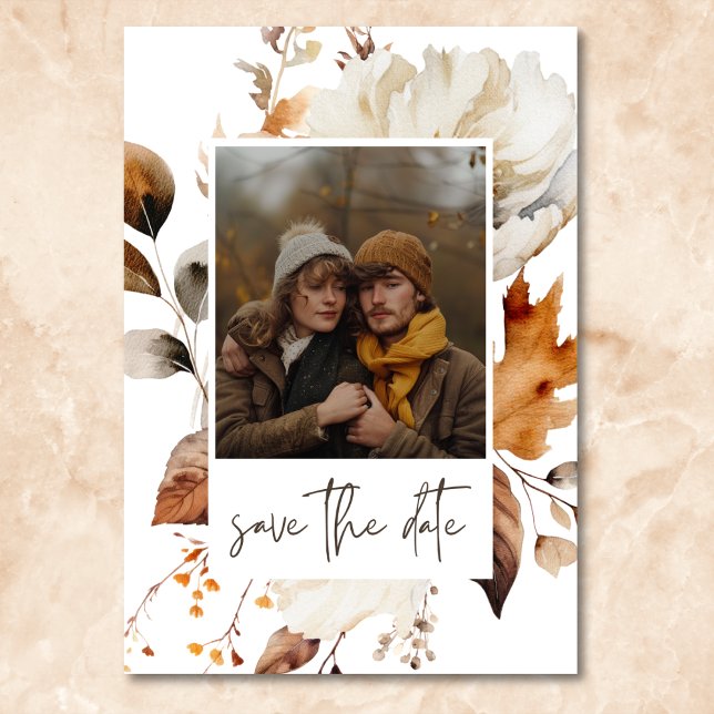 Reserve A Data Casamento de Quadro Floral Neutro de Queda Moderna (Modern Fall Neutral Floral Frame Wedding Save The Date)