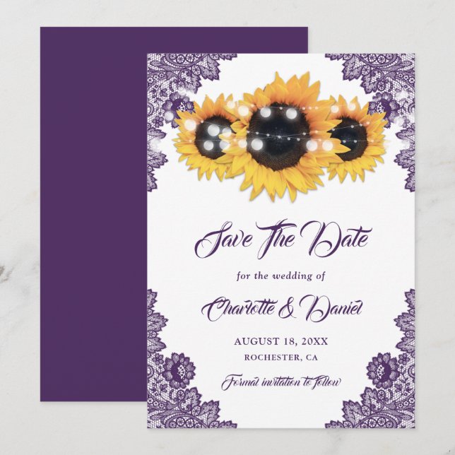Reserve A Data Casamento de Renda Floral de Girassol Roxo Elegant (Frente/Verso)