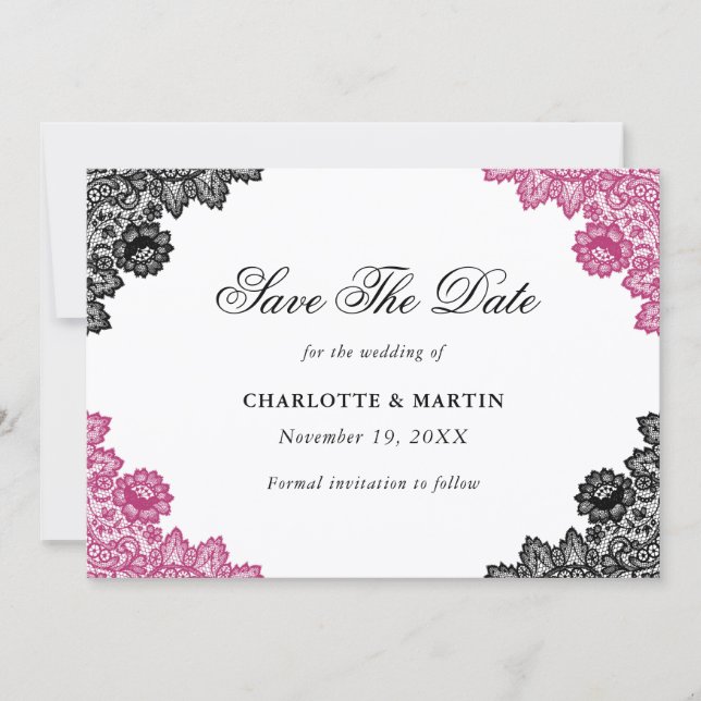 Reserve A Data Casamento de Renda Floral Rosa Quente e Preto (Frente)