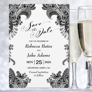 Reserve A Data Casamento de rendas brancas e pretas elegantes