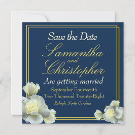 Reserve A Data Casamento de Rosa Branca com Roda Azul-Dourada, Ma