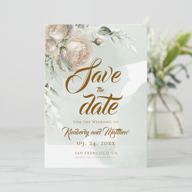 Reserve A Data Casamento de Rosa Branca com Verde Folhagem Sábia (Em pé/Frente)