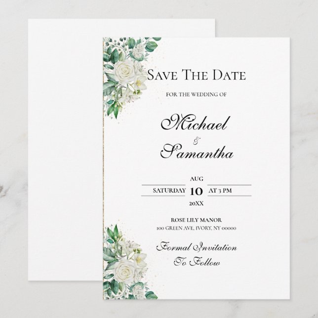 Reserve A Data Casamento de Rosa Branca Elegante e Lírios (Frente/Verso)