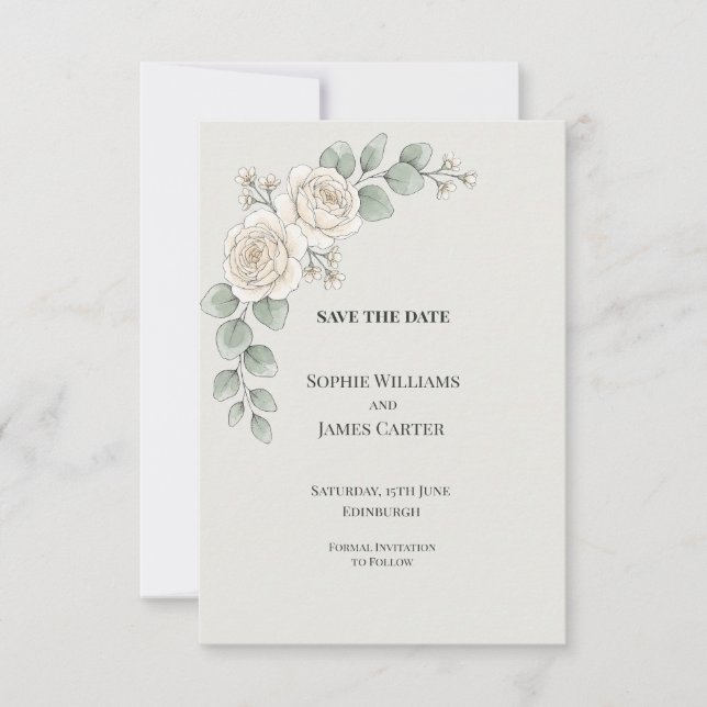 Reserve A Data Casamento de Rosa Branca Eucalipto (Frente)