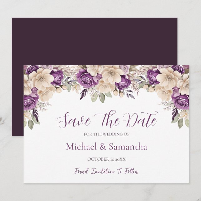 Reserve A Data Casamento de Rosa de marfim e roxo elegante (Frente/Verso)