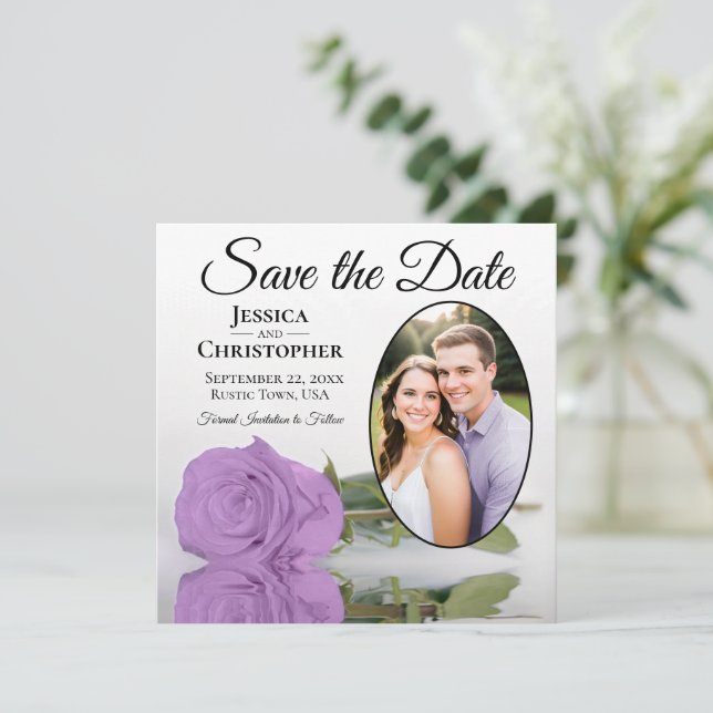 Reserve A Data Casamento de Rosa Lilás Elegante e Foto Oval (Em pé/Frente)