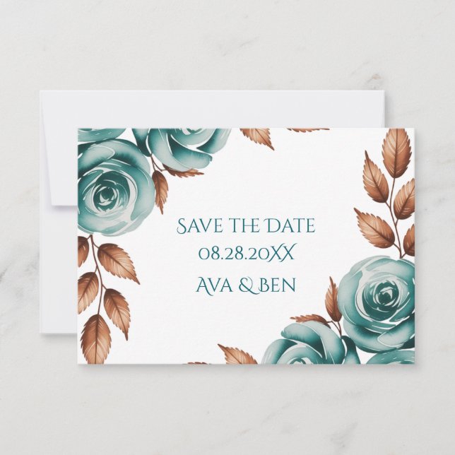 Reserve A Data Casamento de Rosas Azul-Verde e Folhas de Bronze (Frente)