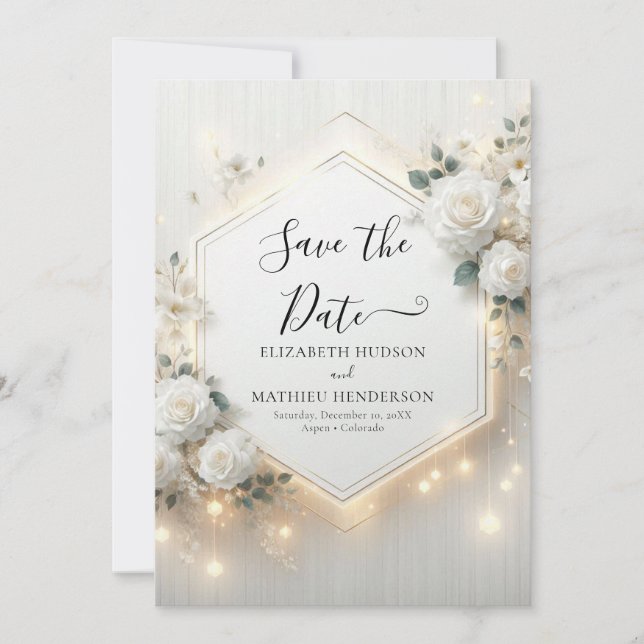 Reserve A Data Casamento de Rosas Brancas Mínimas Personalizadas (Frente)