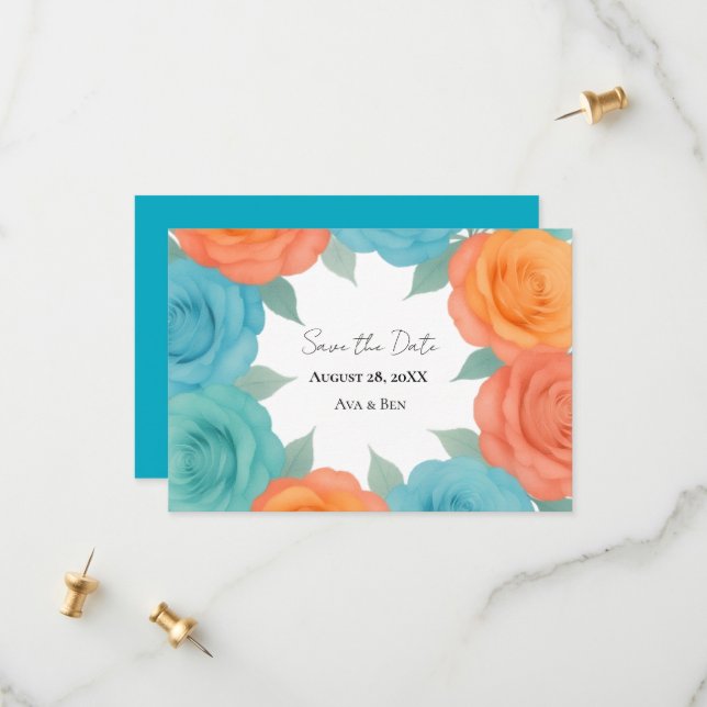 Reserve A Data Casamento de Rosas Laranja e Azul-turquesa em Aqua (Frente/Verso In Situ)