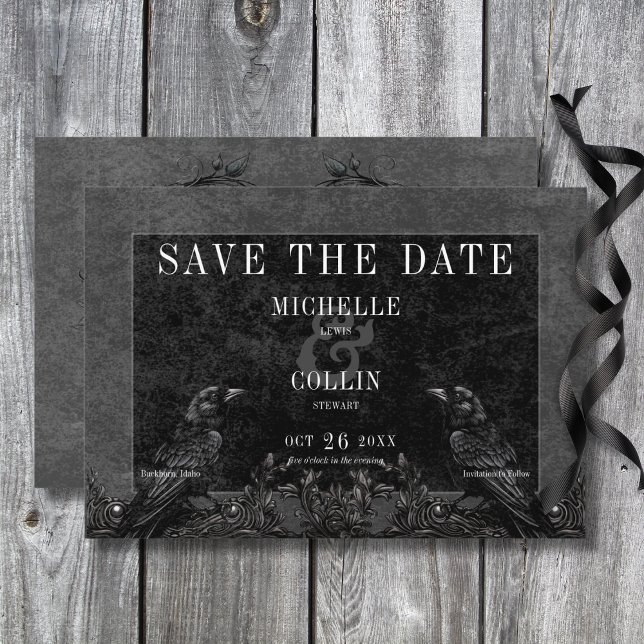 Reserve A Data Casamento de Rosas Pretos Góticos Raven e Pretos (Gothic Black Raven & Black Roses Wedding Save The Date Card)