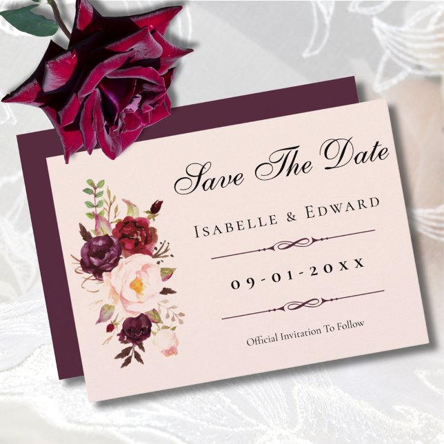 Reserve A Data Casamento de Rosas Rosa Bege e Borgonha Elegantes (Criador carregado)