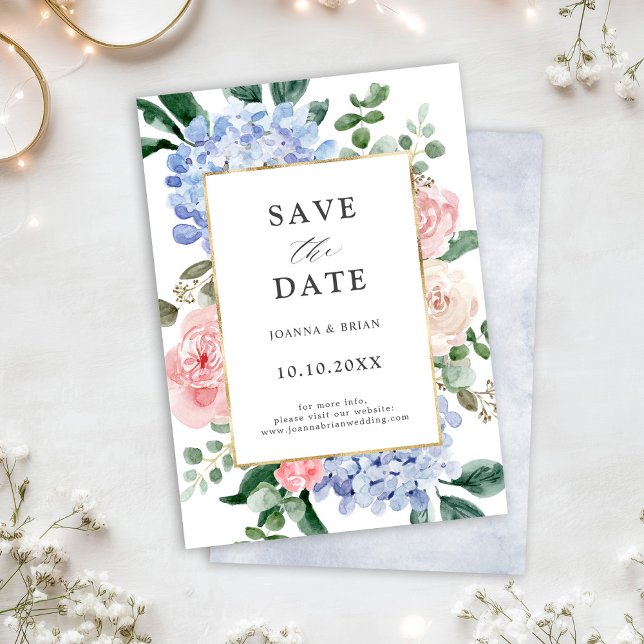 Reserve A Data Casamento de rosas rosa-rosa pastoreadas com hidra (Dusty blue hydrangeas pastel pink roses wedding save the date)