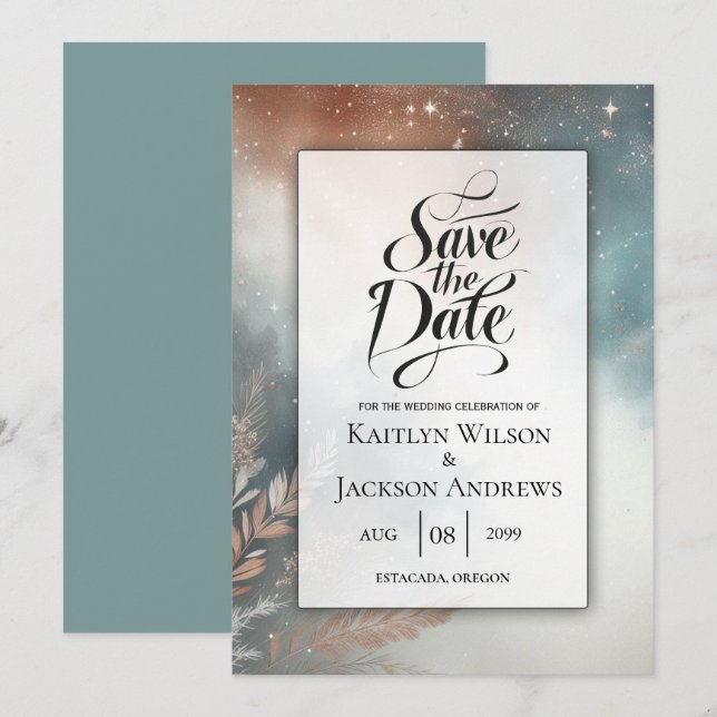 Reserve A Data Casamento de Sage e Terracotta Stardust Skies (Frente/Verso)