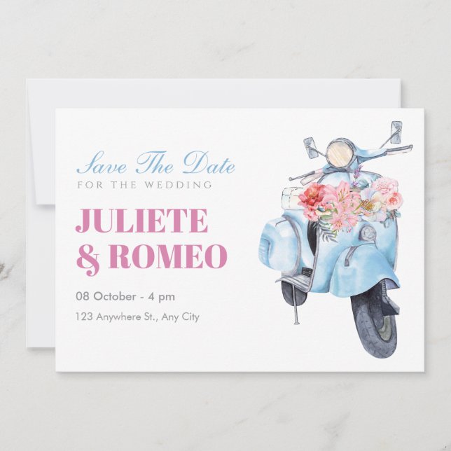 Reserve A Data Casamento de scooter azul vintage (Frente)