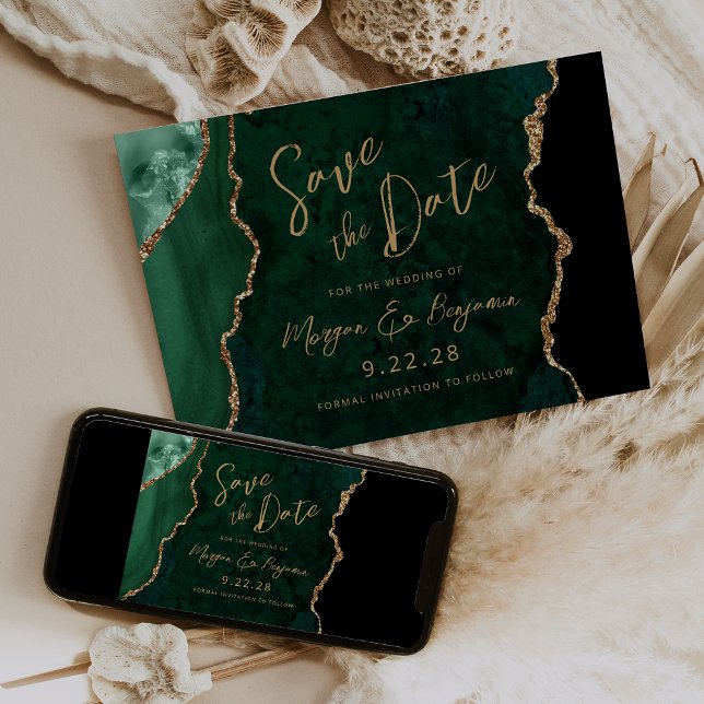 Reserve A Data Casamento de Script Agate Verde Emerald Salve a Da (Choose from printed invitations, instant digital download or both.)