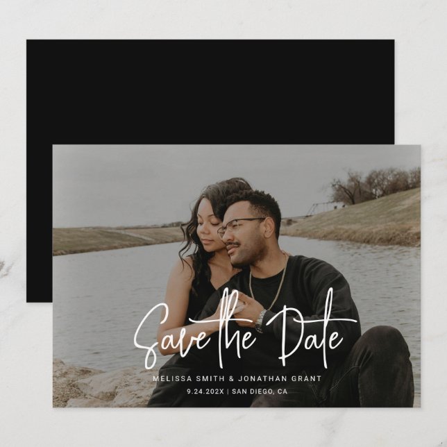 Reserve A Data Casamento de Script de Foto Preto e Branco Minimal (Frente/Verso)