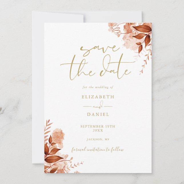 Reserve A Data Casamento de Script Dourado Floral de outono (Frente)