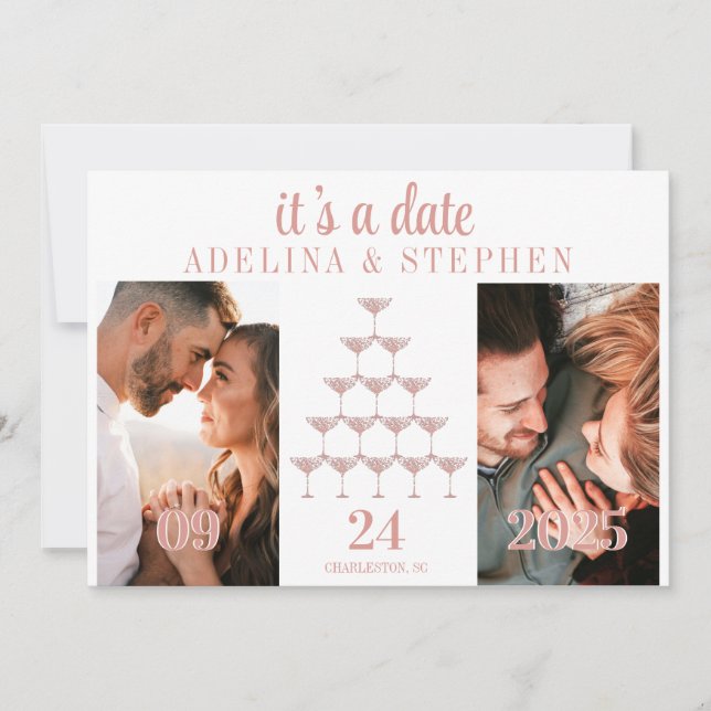 Reserve A Data Casamento de Script em Torre Rosa Rosa Elegante (Frente)