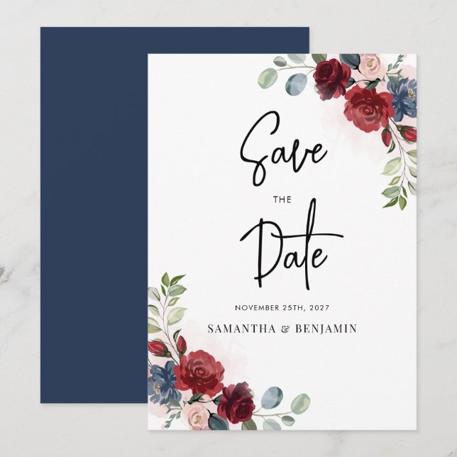 Reserve A Data Casamento de Script Floral de Burgundy (Frente/Verso)