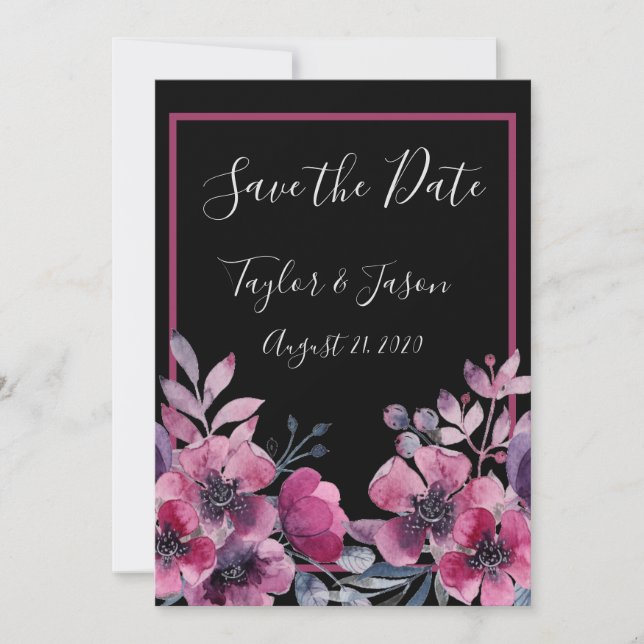Reserve A Data Casamento de Script Floral Romântico Preto e Rosa (Frente)