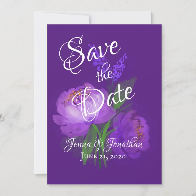 Reserve A Data Casamento de Script Floral Roxo Elegante (Frente)