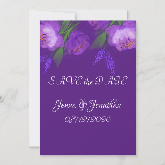 Reserve A Data Casamento de Script Floral Roxo Elegante (Frente)