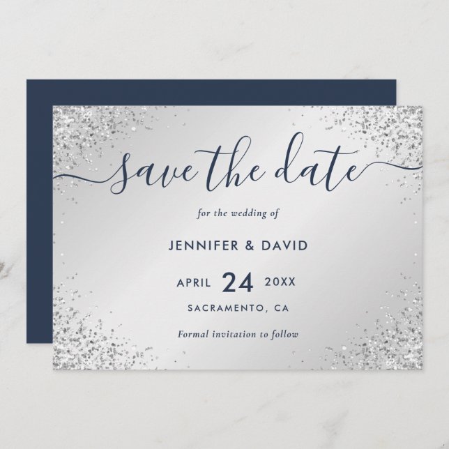 Reserve A Data Casamento de Script Glitter Azul e marinho (Frente/Verso)