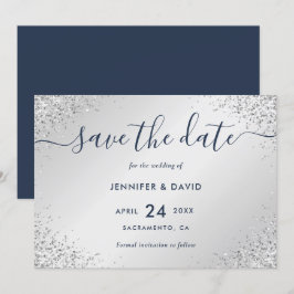 Reserve A Data Casamento de Script Glitter Azul e marinho