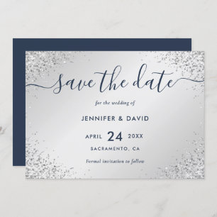 Reserve A Data Casamento de Script Glitter Azul e marinho