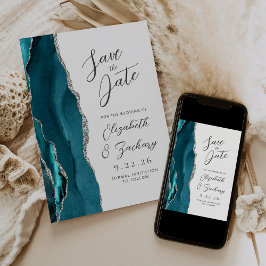 Reserve A Data Casamento de Script Moderno de Agate Teal Silver