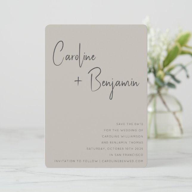 Reserve A Data Casamento de Script Simples Russo Boho Taupe Moder (Em pé/Frente)