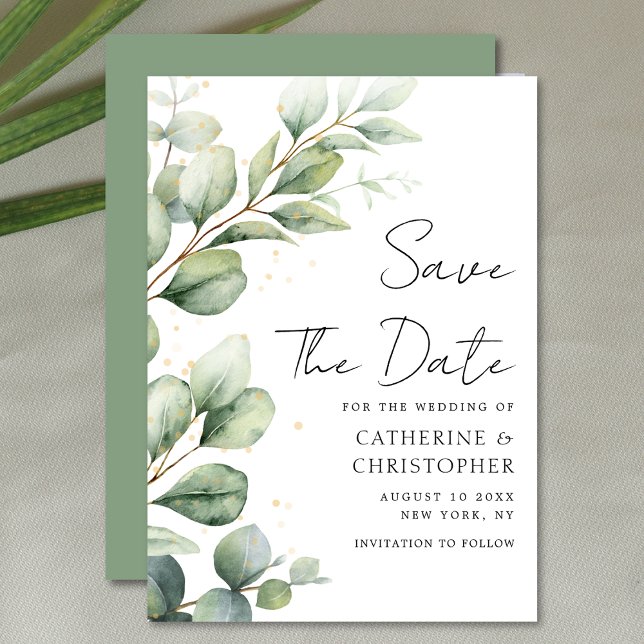 Reserve A Data Casamento de Script Watercolor Eucalyptus Greenery (Criador carregado)