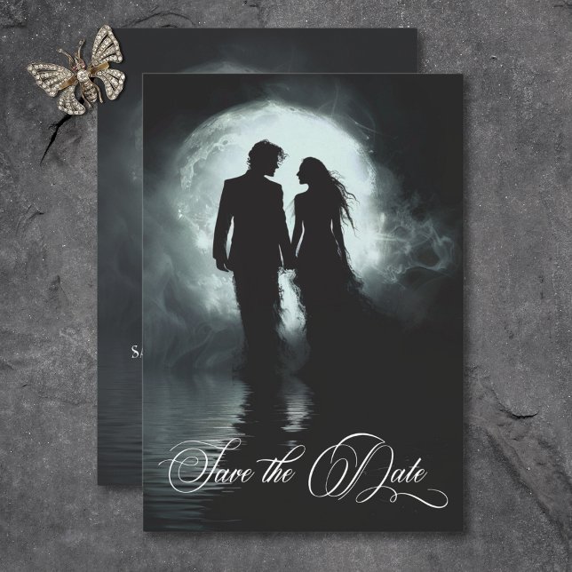 Reserve A Data Casamento de Silhuette Casal Gótico Escuro (Dark Gothic Moonlight Couple Silhouette Wedding Save The Date)