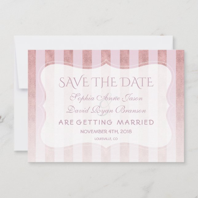Reserve A Data Casamento de Stripes Douradas com Blush Rosa (Frente)