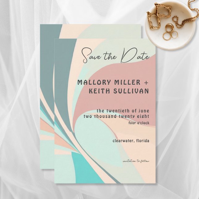 Reserve A Data Casamento de Teal e Aqua de Pêssego Retro Moderno (Criador carregado)