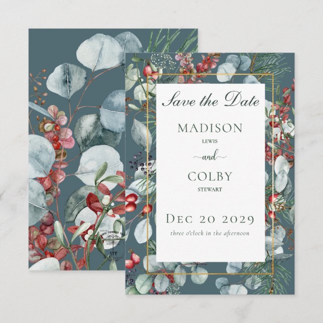 Reserve A Data Casamento de Teal Greenery de Natal (Frente/Verso)