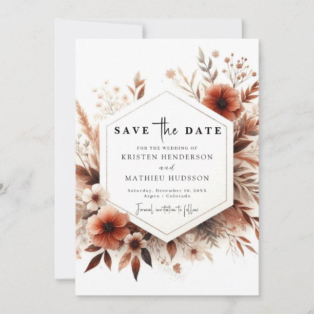 Reserve A Data Casamento de Terracotta com Aquarela Mínima (Frente)