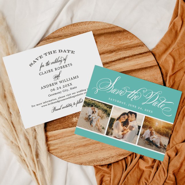 Reserve A Data Casamento de Três Fotos com Caligrafia Azul-Elegan (Criador carregado)