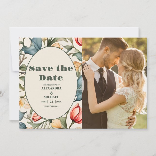 Reserve A Data Casamento de Tulipas em Aquarela de William Morris (Frente)