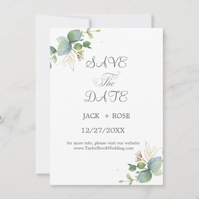 Reserve A Data Casamento de Verão de Eucalyptus Greenery Rustic. (Frente)