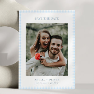 Reserve A Data Casamento de Verão Fofo Xadrez Gingham Azul Claro