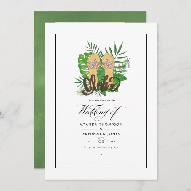 Reserve A Data Casamento de Verão na Praia Aloha Salvar a Data (Frente/Verso)