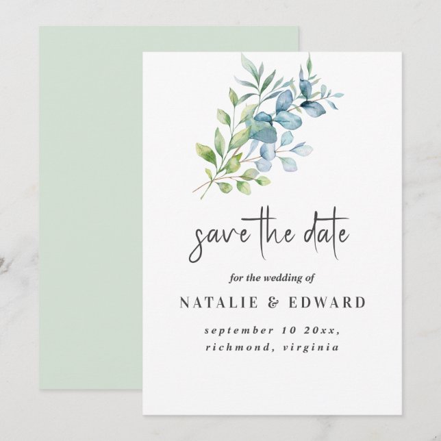 Reserve A Data Casamento de Verde com Eucalipto em Aquarela Moder (Frente/Verso)