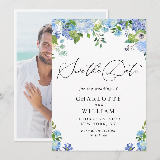 Reserve A Data Casamento de Verde com Hortênsia Azul Elegante (Frente/Verso)